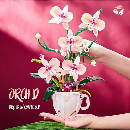 Pink Orchid Flower Building Set for Adults Coffee Cup Orchid Botanical Collection Plant Building Kit Home and Office Decor Gift for Christmas Day Valentines Birthday 567pcs