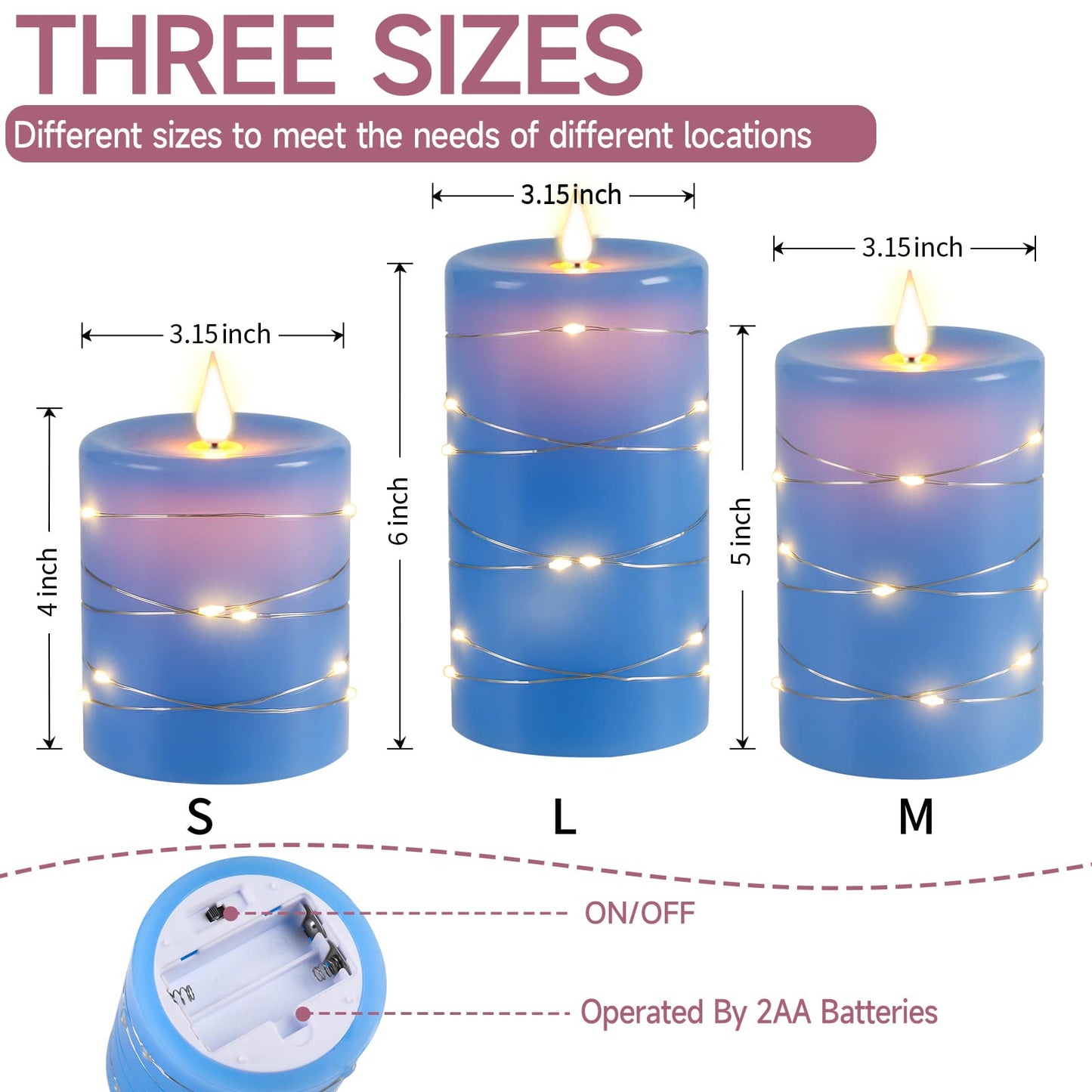 Upinmz Flickering Flameless Candles with Embedded String Lights, Battery Operated Candles with Remote Control and Timer,LED Candles for Home Decoration,Real Wax, 3 Pack Blue