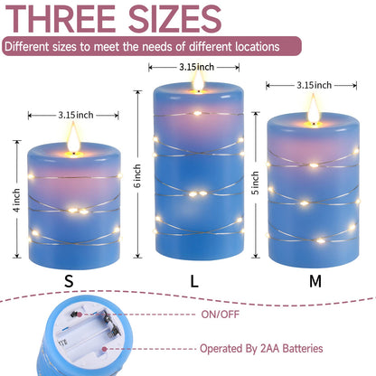 Upinmz Flickering Flameless Candles with Embedded String Lights, Battery Operated Candles with Remote Control and Timer,LED Candles for Home Decoration,Real Wax, 3 Pack Blue