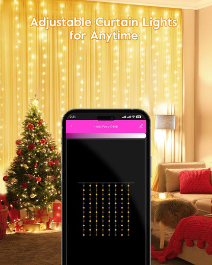 Smart Curtain Lights, USB Plug in, 9.8ft 300 LED Window Smart String Light with APP and Remote, 8 Modes, Waterproof Fairy Lights for Bedroom, Indoor, Weddings, Party, Christmas Ramadan Decorations
