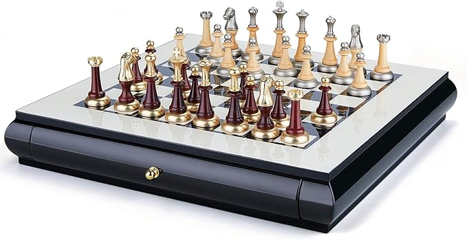 AMEROUS 16 Inches Wooden Chess Set Large Size Board with 2 Built-in Storage Drawers - 2 Extra Queens - Metallic &amp Wooden Chess Pieces - Gift Packaging Board Games for Adults and Kids