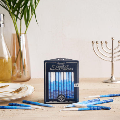 Rite -Lite Judaica Premium Chanukah Candles. Handcrafted, Tri-Color Blue/White Stripe. Box of 45