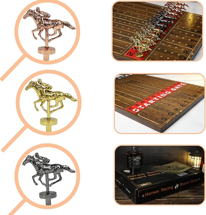 HOROW Horse Racing Game - Wooden Horse Race Board Game with 11 Luxury Metal Horses 2 Dice and 2 CardsFast-Paced Strategic for Family Night and Party - Perfect Birthday&ampHoliday Gifts
