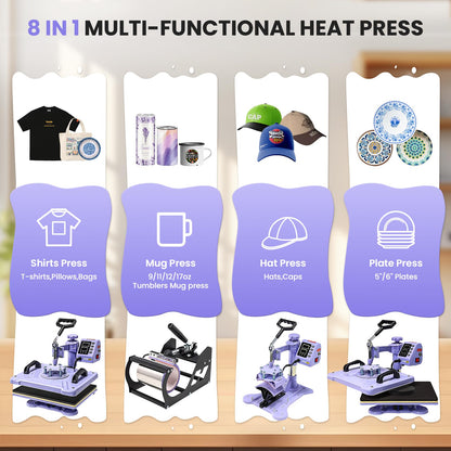 AKEYDIY Heat Press 15x12 Inch, 8 in 1 Heat Press Machine for T-Shirts Hat Cap Mug Plate, 360° Swing Away Shirt Pressing Machine, Sublimation Heat Transfer Machine with Tumbler Press Hat Press, Purple