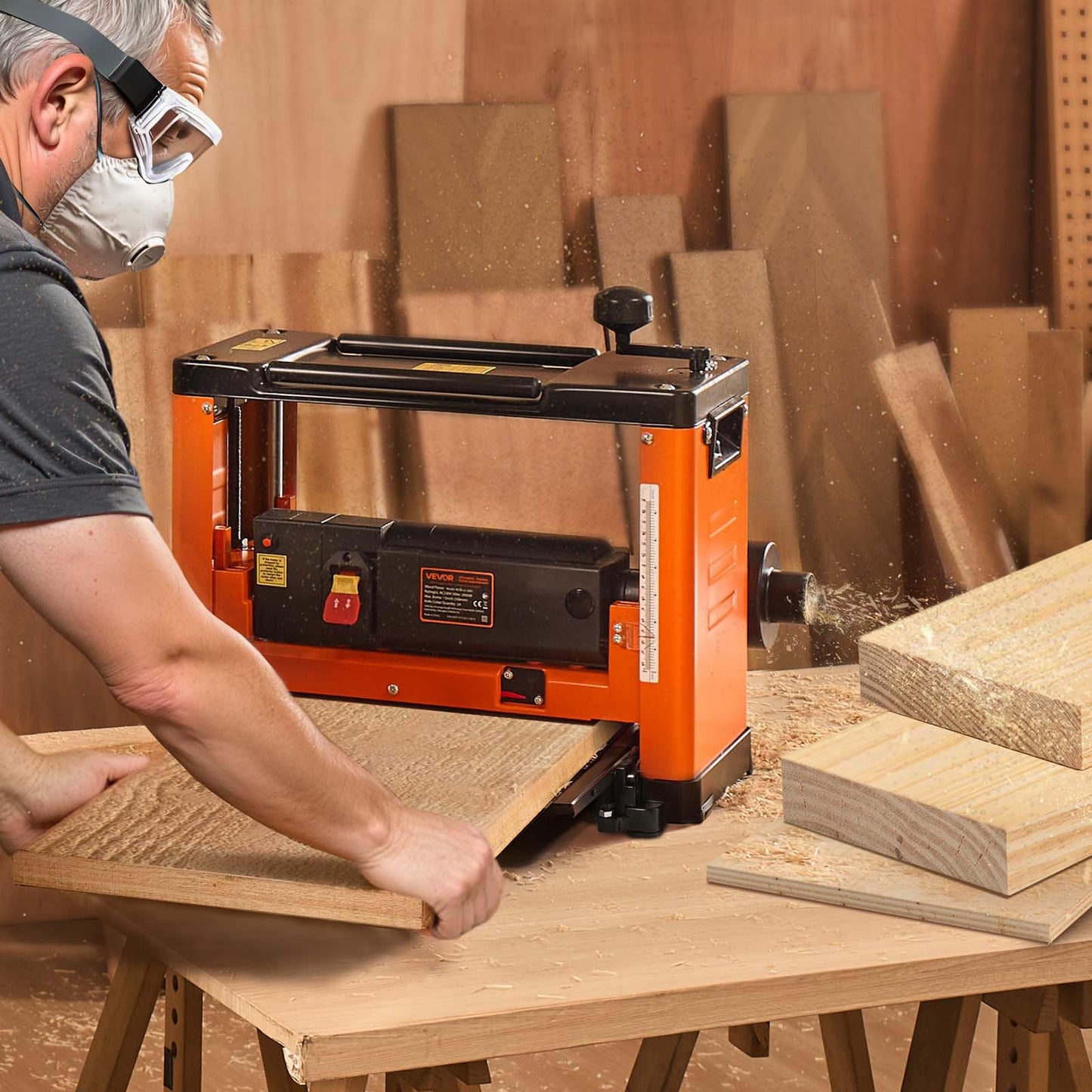 VEVOR 13-Inch Spiral Thickness Planer, Woodworking Power Benchtop Planer, with 2000W 23500 RPM Powerful Motor, Single Speed, for Hard & Soft Wood Material