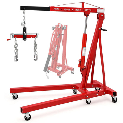 2-Ton Folding Hydraulic Engine Hoist - 4400 lb Heavy Duty Shop Crane with Adjustable Telescoping Boom, Load Leveler & 6 Swivel Caster Wheels, Red, for Garage and Automotive Use