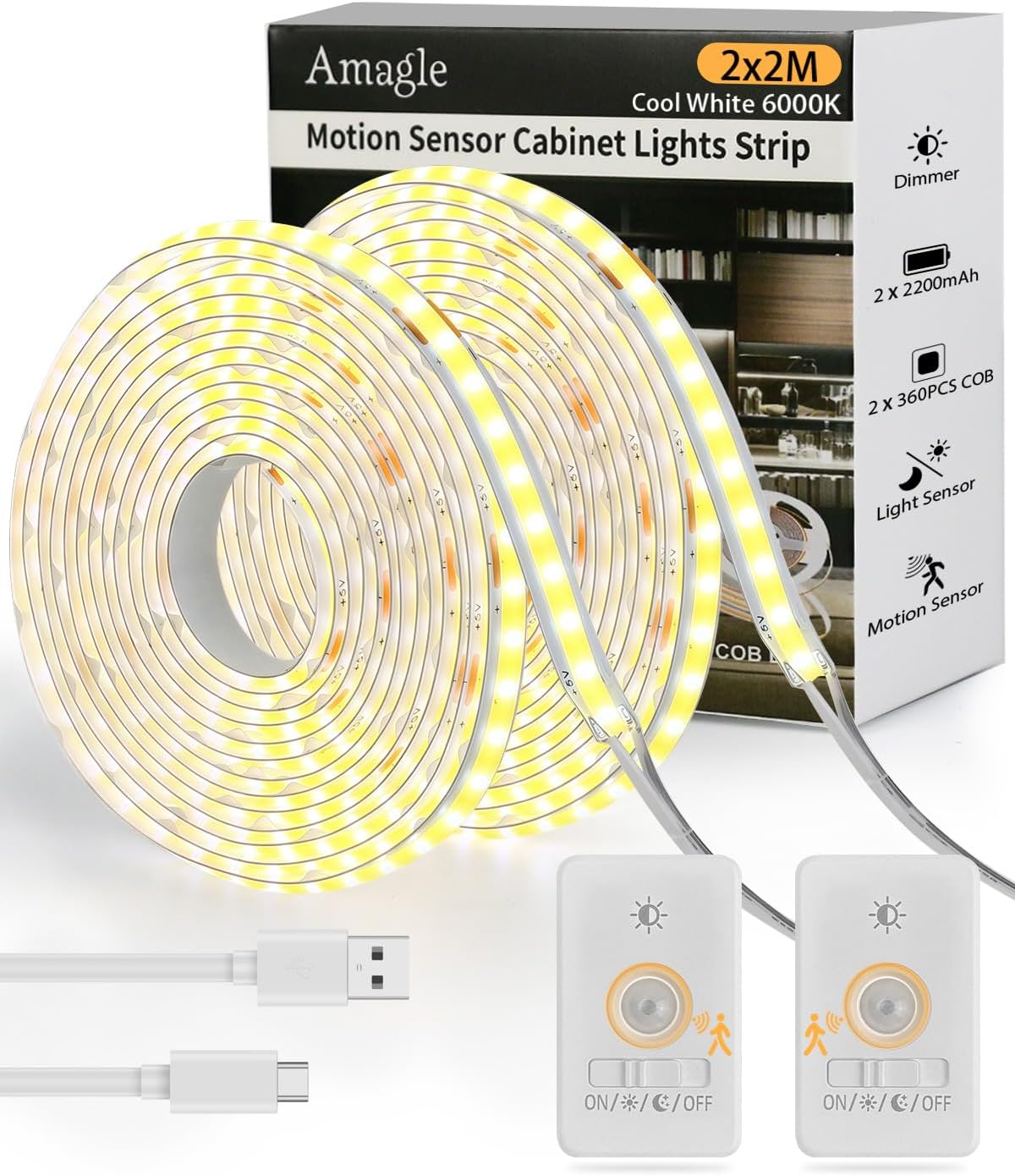 Amagle Under Cabinet Lights, 60 Leds Dimmable Motion Sensor Light Indoor, 2200mAh Rechargeable Battery Closet Lights, 6000K White COB Led Strip Lights for Bedroom, Kitchen, Stair, Shelf, 2 Pack,6.56FT