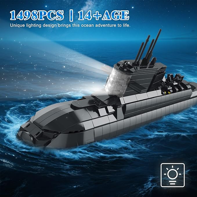 Brihappen Nuclear Submarine Model Building Kit for Adult Boys 14+ (1498 Pieces) - Military Battleship Model with Light Building Home Office Collection Birthday Gifts for Building Blocks Lover
