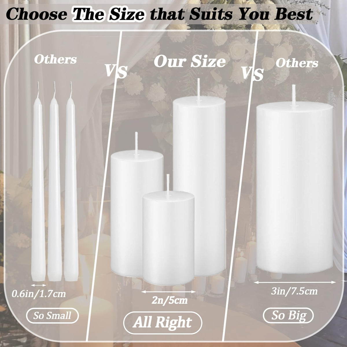 Trxvxo White Pillar Candles Bulk Set of 18，Hurricane Candles，3 Different Lengths 2 x 3/6/8 Inch (6 Each)，Dripless Unscented Smokeless，Gives You a Better Atmosphere When Organizing an Event Party.