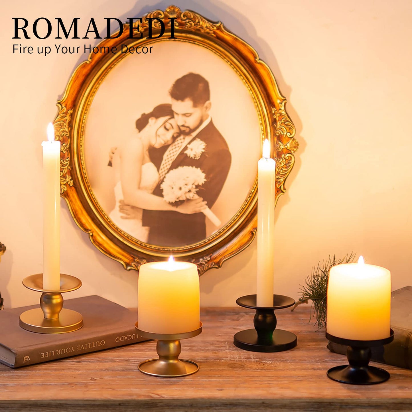 Candle Holders for Pillar Candles, Romadedi Gold Pillar & Taper Candle Holder, Small Metal Candle Stick Candle Holder for Wedding, Dining Room Table Centerpiece, Holiday Decor, 12 Pcs