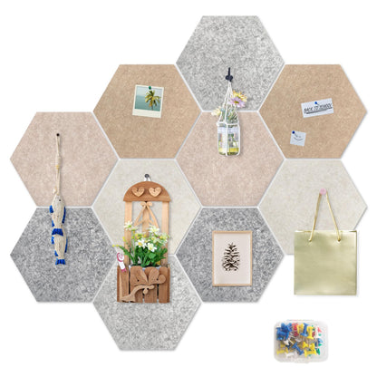 10 Pack 12'' Hexagon Cork Boards for Office Wall: Large Felt Bulletin Decor Display for Classroom, Decorative Panels with 30 Push Pins for Photos & DIY
