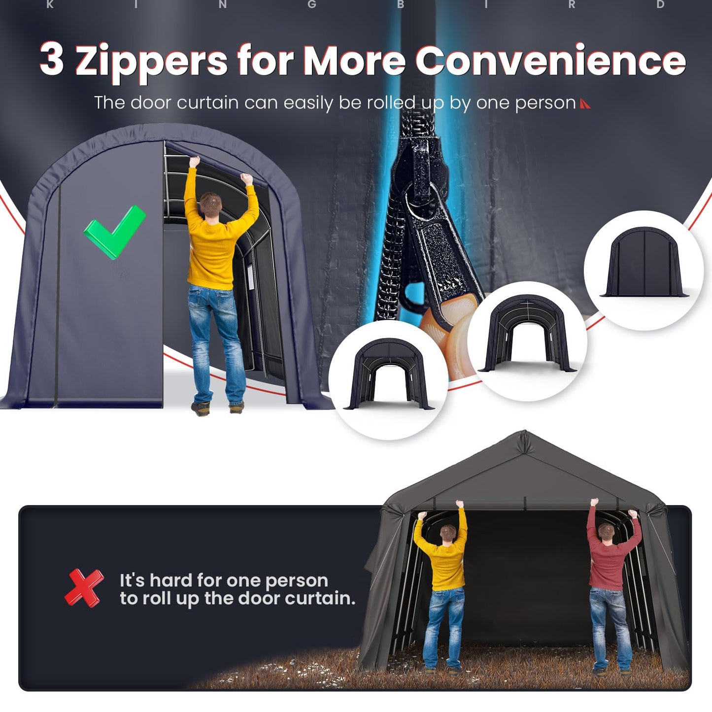 KING BIRD 10' x 15' Round Style Garage Carport Shelter Heavy Duty Storage Shelter Portable Canopy Shed with Roll-up Ventilated Windows for Boat, Patio Furniture and Lawn Mower-Dark Gray