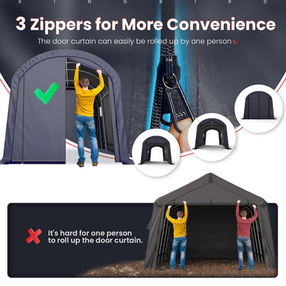 KING BIRD 10' x 15' Round Style Garage Carport Shelter Heavy Duty Storage Shelter Portable Canopy Shed with Roll-up Ventilated Windows for Boat, Patio Furniture and Lawn Mower-Dark Gray