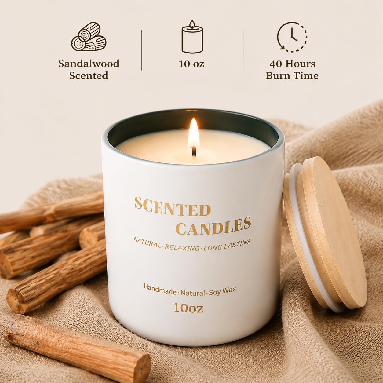 Lanttu Sandalwood Scented Candle for Home Decor, 10 oz Natural Soy Wax Jar Candles, 40 Hours Long Lasting Burning Candles for Men Women Mom Friend Birthday Housewarming Gift