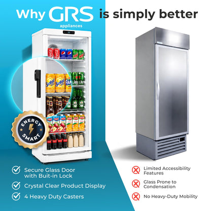 GRS Commercial Display Refrigerator with Glass Door Lock | Cool Air Flow & Temperature | Beverage fridge, Drink and Wine Cooler with Adjustable Display Shelf for Stores and Bars | Silver, 7.1 Cu. Ft