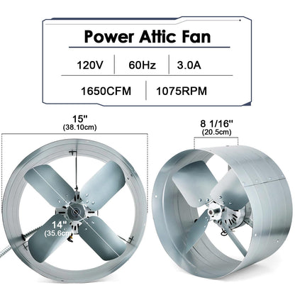 Hiorucet Upgraded 15 Inch Exhaust Fan for Gable Vent with Switch, 1650CFM 2500 SQF High-Speed Attic Fan with Adjustable Thermostat, 14 Inch Fan Blade and Permanently Lubricated Motor, 1075RPM.