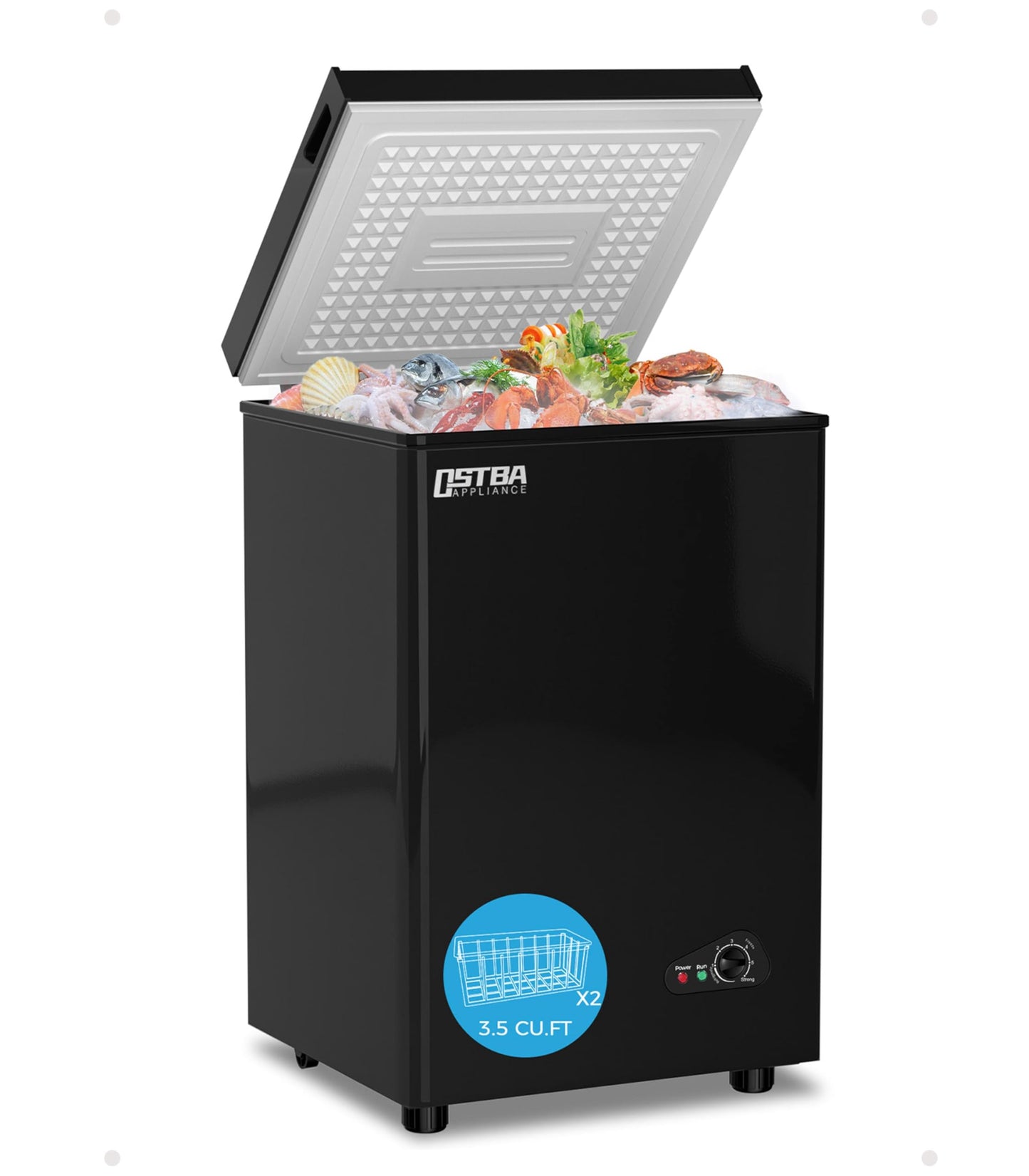 OSTBA 3.5 Cu.Ft Chest Freezer, Compact Deep Freezer with 2 Removable Baskets, Bottom Wheels, 6-Level Temperature Control with Fast Freeze Mode, Energy Saving Quiet Freezer, Black