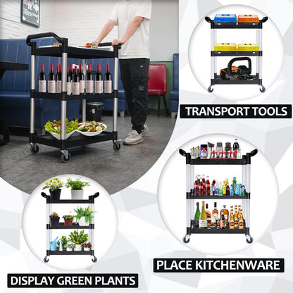 PELOEMNS Plastic Utility Carts with Wheels, Heavy Duty 510lbs Capacity Rolling Service Cart, 3-Tier Restaurant Food Cart with Hammer for Office, Warehouse, Garage (Lockable Wheels, Black)
