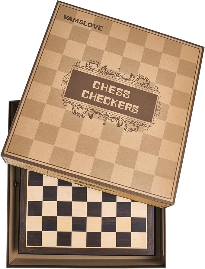 VAMSLOVE Wooden Chess Checkers Game Set 15.5 Large Size Board w/Storage Drawers Weighted Chess Pieces - 2 Extra Queens 3 King Gift for Birthday Housewarming Retirement - Black