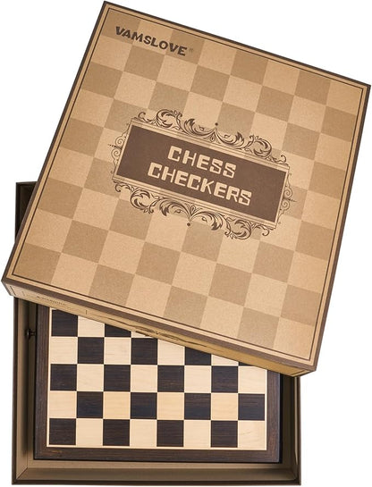 VAMSLOVE Wooden Chess Checkers Game Set 15.5 Large Size Board w/Storage Drawers Weighted Chess Pieces - 2 Extra Queens 3 King Gift for Birthday Housewarming Retirement - Black