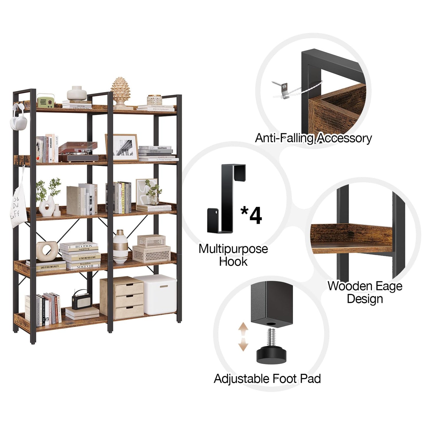 Seventable Bookshelf 5 Tier with 4 Hooks, 63” Industrial Wooden Bookcase, Vintage Storage Rack with Open Shelves, Rustic Standing Bookshelves Metal Frame 43.3” Wide Display Rack, Rustic Brown