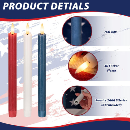 Patriotic Flameless Candles with Remote and Timer, Real Wax Red White and Blue Candles for 4th of July Decorations, 250th Anniversary Battery Operated Candles for Independence Day Celebrations, 3Pack