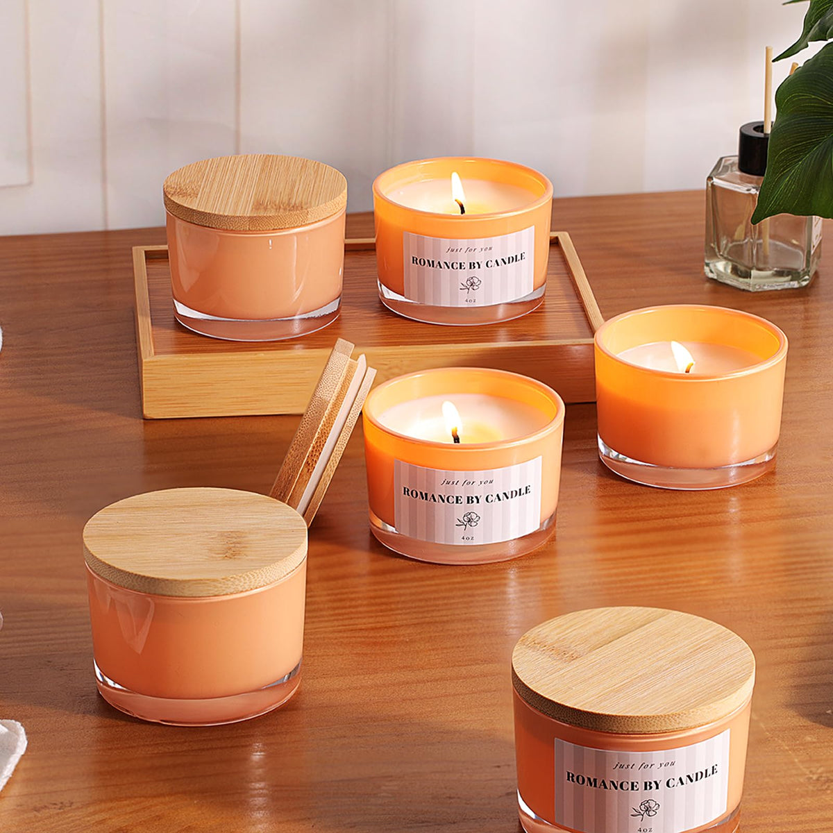 REISEN 12 PCS Orange Candle Jars for Making Candles, 4 OZ Glass Jars with Bamboo Lids and Sticky Warning Labels, Candle Containers for DIY Gifts, Candle Making Supplies