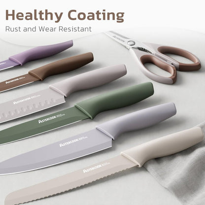 Astercook Knife Set, 13 Pieces Kitchen Knives Set with Healthy Anti-Rust Coating, Dishwasher Safe, Stainless Steel Chef Knife Sets with 6 Blade Guards, Perfect Holiday Gifts for Kitchen Morandi