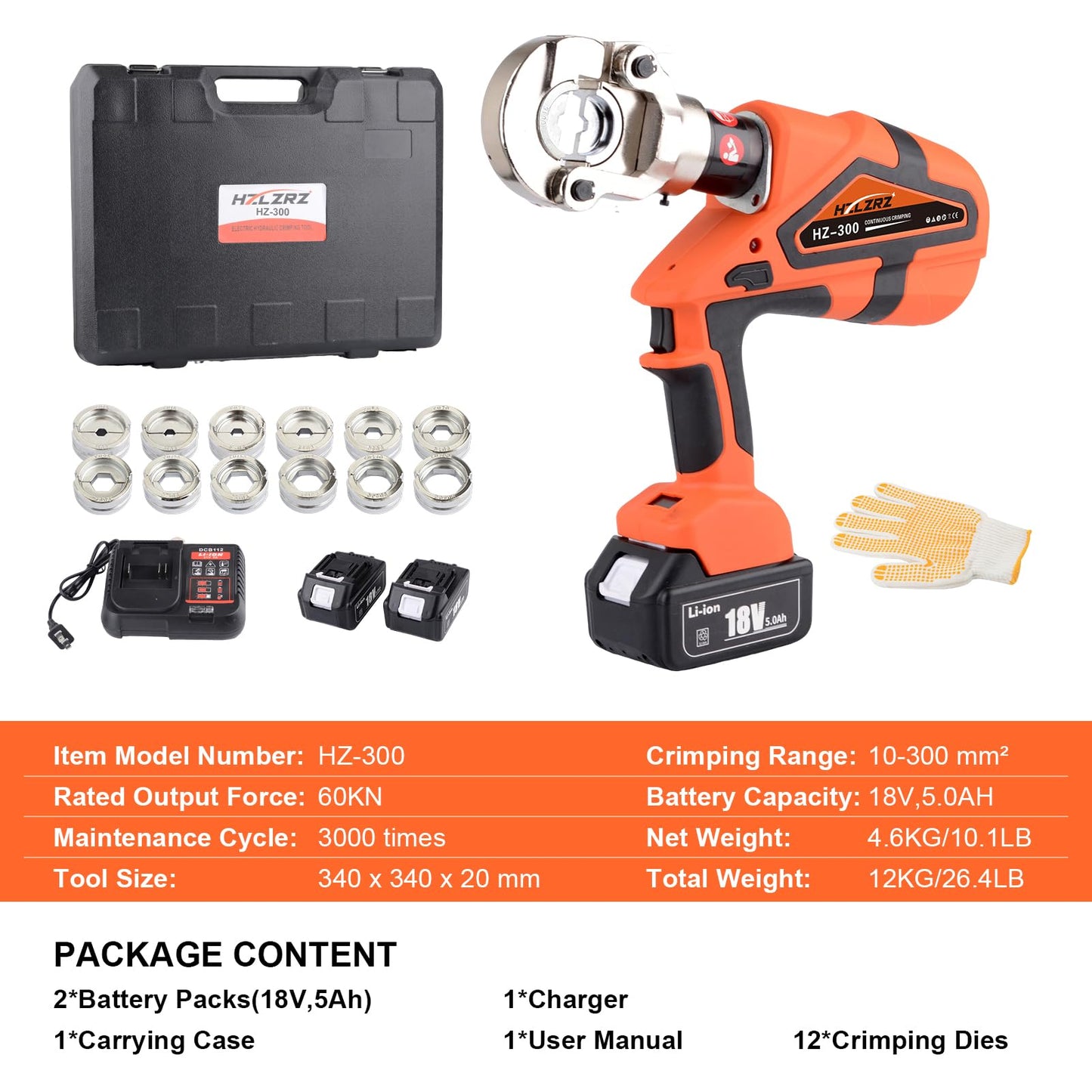 HZLZRZ 12 Ton Electric Hydraulic Crimper with Smart Chip Protection - Professional Battery Cable Lug Crimping Tool for Industrial Use, 8AWG-600MCM Copper Terminals, Rechargeable & Oil-Resistant