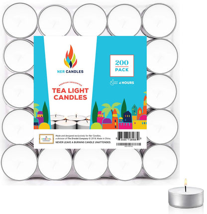 Ner Candles White Unscented Tea Lights- Smokeless, Drip Less, Long Lasting Flames- Center Pieces for Dinners and Events- European Wax Flame- Bulk Pack (200 Candles)