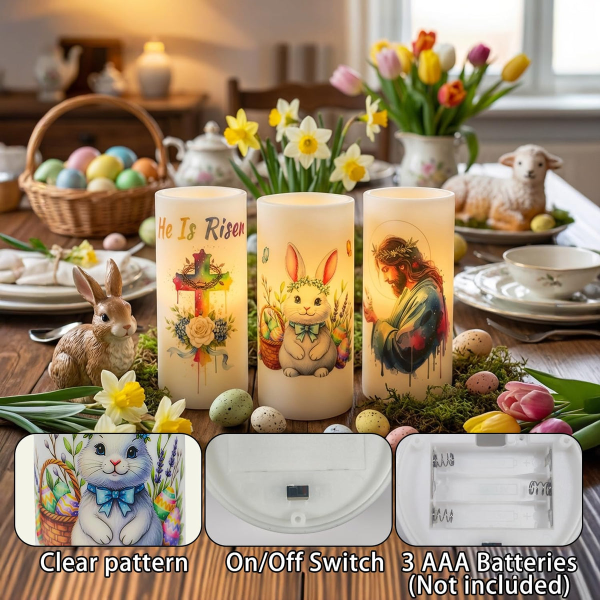 Aulaygo 3PCS Nativity Easter Flameless Candles with Remote Control,Christian Cross Bunny LED Candles for Spring Easter Home Decor