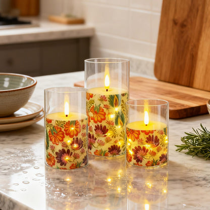 NjaoHoo Flickering Flameless Candles, Recessed String Light LED Candles 3D Wick Acrylic Battery Operated LED Pillar Candles with Remote and Timer for Modern Simple Home Decor Set of 3(Floral Printed)