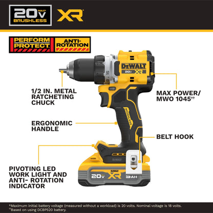 DEWALT Drill Set 20V MAX XR, 1/2 in. Brushless Cordless Drill Driver Kit With 5AH POWERSTACK Battery and Charger, LED Light, Dual Speed (DCD801H1)