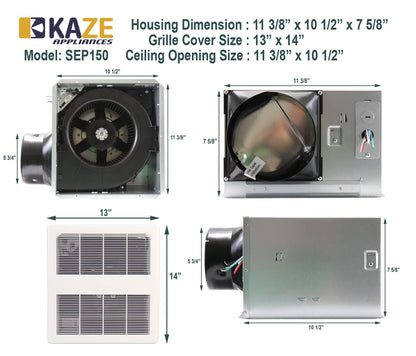 KAZE APPLIANCE SEP150 | 150 CFM | 0.5 Sone Ultra Quiet | Energy Star Certified | Energy-Saving Bathroom Exhaust Ventilation Fan