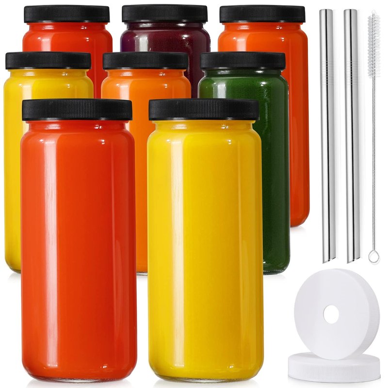 8 Pack Glass Juice Bottles with 8 Airtight Lids & 2 Straw Hole Lids & 2 Straws - 16OZ Travel Juicing Jars, Drinking Water Cups - Reusable Tall Mason Jar for Juice, Bubble Tea, Smoothie, Kombucha