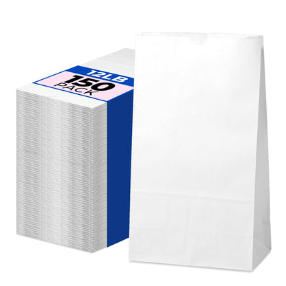 Fit Meal Prep 150 Pack 12 lb White Paper Lunch Bags, 13 x 7 x 4.5" Durable Paper Bags Bulk for Packing, Delivery, Take Out, Grocery, Retail Shopping, Premium Sack for Snacks, Bakery