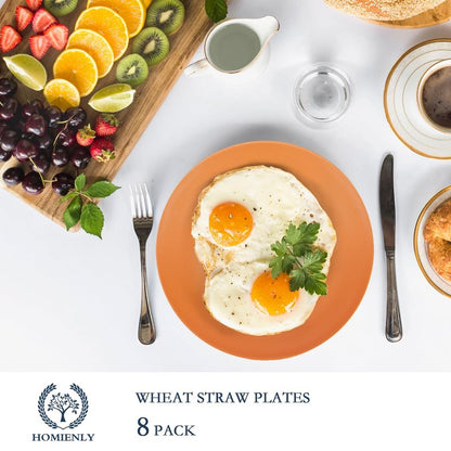 Homienly Flat Dinner Plate Set of 8 - Alternative for Plastic, Microwave and Dishwasher Safe, Wheat Straw Dinnerware for Kitchen, Unbreakable Kids (Orange, 9 Inch), MS 01