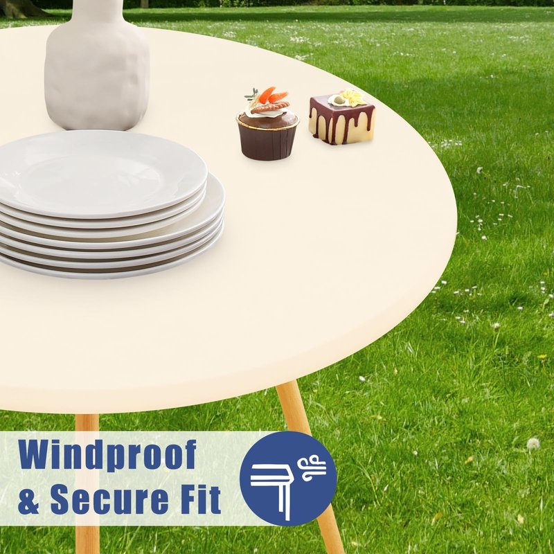 Moosfor Round Spandex Tablecloth, Elastic Fitted Waterproof Tablecloths for 42"-50" Tables, Stretch Washable Picnic Table Cover for Camping, Dining, Indoor and Outdoor, Beige
