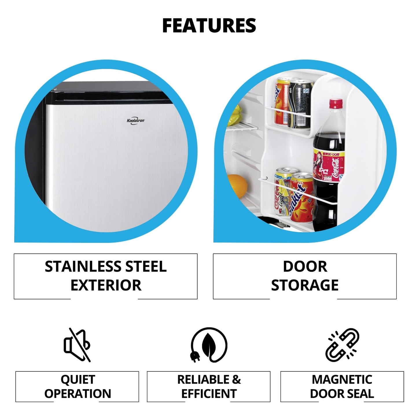 Koolatron Stainless Steel Compact Fridge with Freezer, 1.7 Cubic Feet (48 L) Capacity, Silver and Black, for Snacks, Frozen Meals, Beverages, Juice, Beer, Den, Dorm, Office, Games Room, or RV