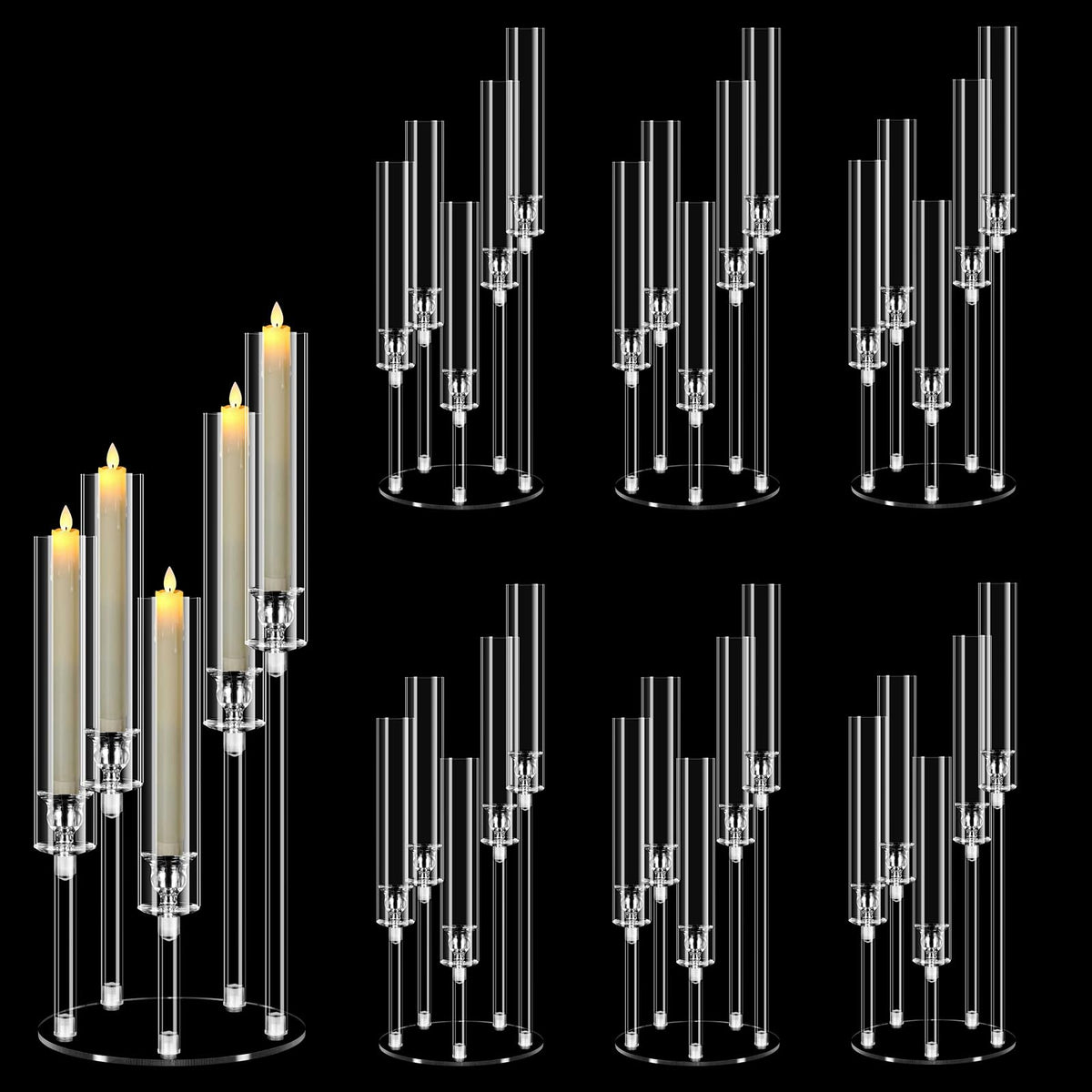 6 Sets 5 Arms Acrylic Candelabra Centerpieces for Tables,Clear Candle Holder for Wedding,Ceremony Dinner Party, 22.8" Tall Candlestick Holders with Lampshade,Fit LED Candle