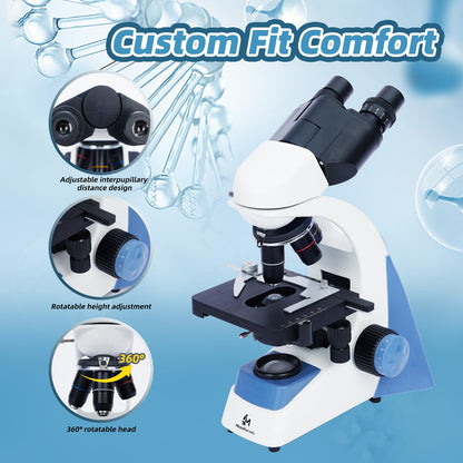 MicroMarvels Professional Compound Binocular Microscope 40X-2000X, Dual LED Illumination with WF10X & WF25X Eyepieces, Metal Frame for School Laboratory, Home Education, Home Learning (Blue & White)