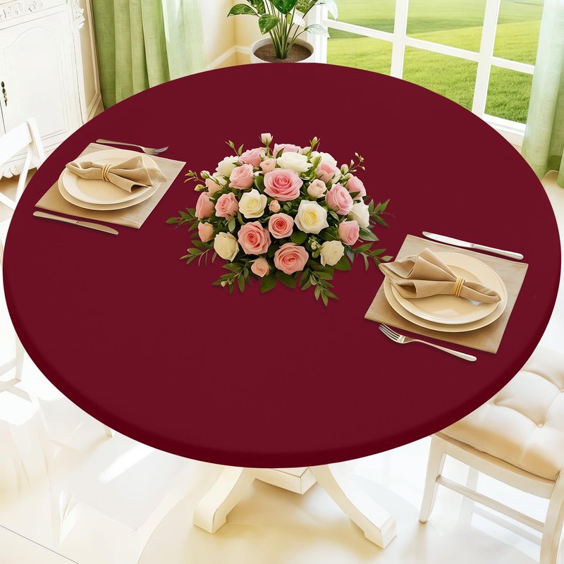 Moosfor Round Spandex Tablecloth, Elastic Fitted Waterproof Tablecloths for 57"-68" Tables, Stretch Washable Picnic Table Cover for Camping, Dining, Indoor and Outdoor, Wine Red