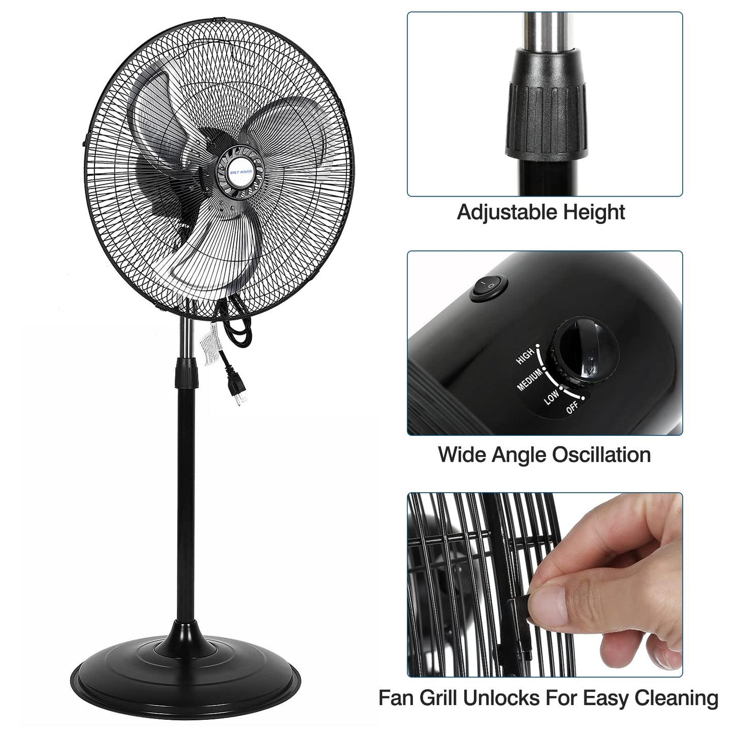 BILT HARD 3850 CFM 18" High Velocity Pedestal Oscillating Fan, 3-Speed Industrial Standing Fan with Aluminum Blades, Heavy Duty Metal Shop Fan for Commercial, Residential, and Garage, 2 Pack