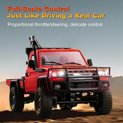 RC Crawler 1:12 Scale New Upgrade MN82-T RC Truck Crane 4WD LC79 Off Road Remote Control Pickup with Lights All Terrain Wrecker Vehicle for Teens Adults (Red)
