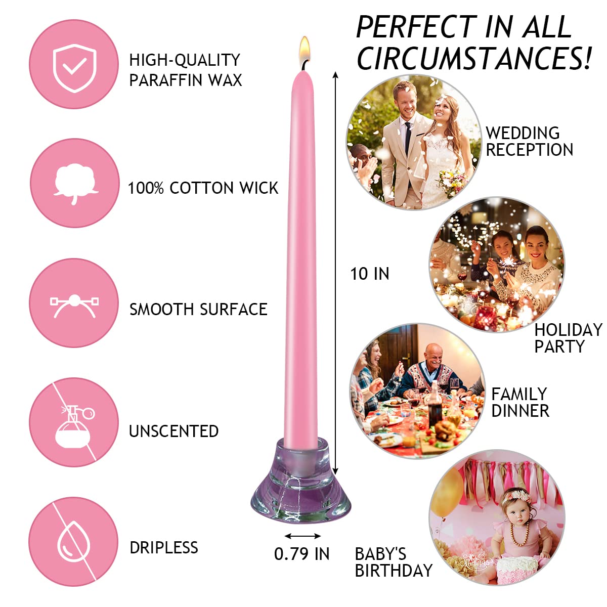 20 Pcs Pink Taper Candles for Home Decoration, 10×7/8 Inch Dripless Candlesticks, Great for Dinner Party Wedding and Emergency