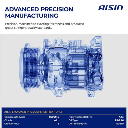 AISIN AFTERMARKET ACCT-00821 Air Conditioner AC Compressor - Compatible with Toyota Corolla 2014-2022 1.8L, Corolla iM 2017-2018 1.8L - with 6-Pulley Groove, with Clutch