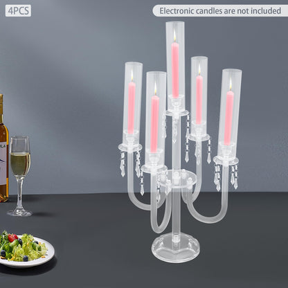 4 Pcs Acrylic Candelabra Centerpieces with Crystal Beaded, 5 Arm Clear Crystal Candlesticks Holder for Wedding, Candelabra Centerpiece Stands with Removable Lampshade for Party