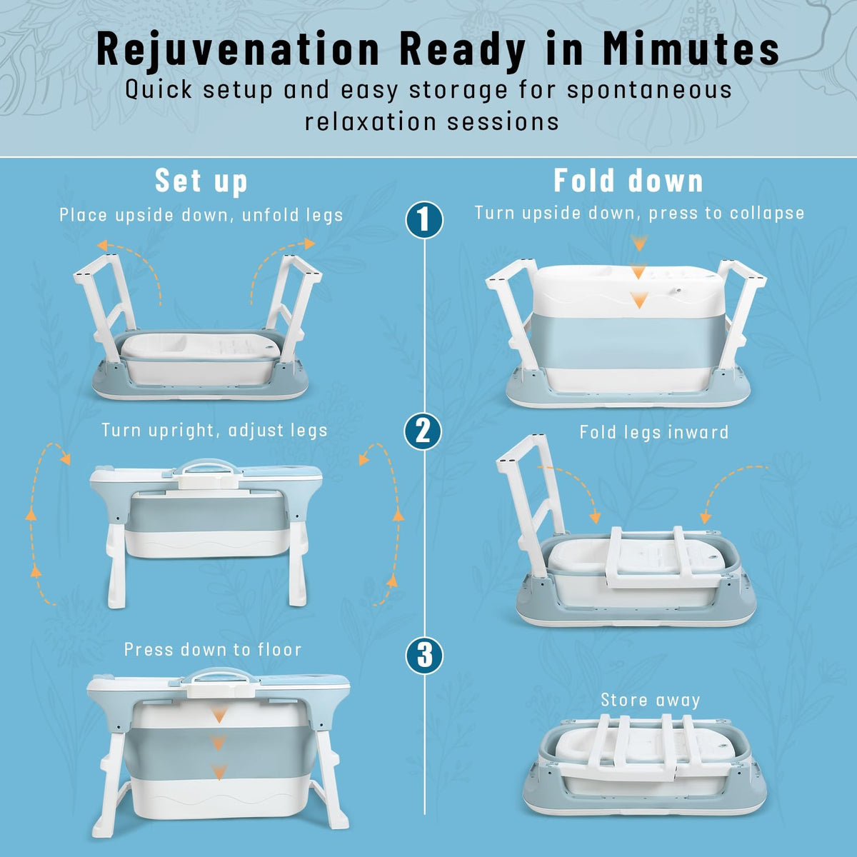 PlayNeew 103cm Portable Folding Bathtub, Small Foldable Soaking Tub with Ergonomic Seat & Massage Roller, Large Collapsible Freestanding Tub for Adults, Hot/Ice Bath Blue
