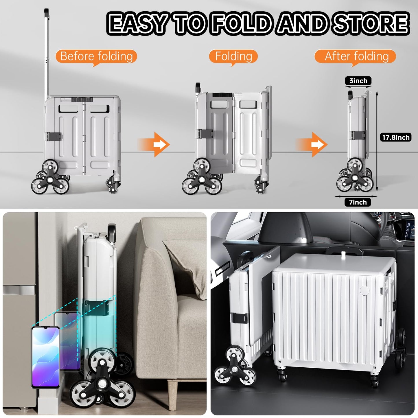 TODAYGO Stair Climbing Cart with Wheels: Collapsible Rolling Cart for Teachers School Supplies Books Art Projects Grocery Trade Shows & Stairs Foldable Utility Organizer with Lid Crate Basket Shelves