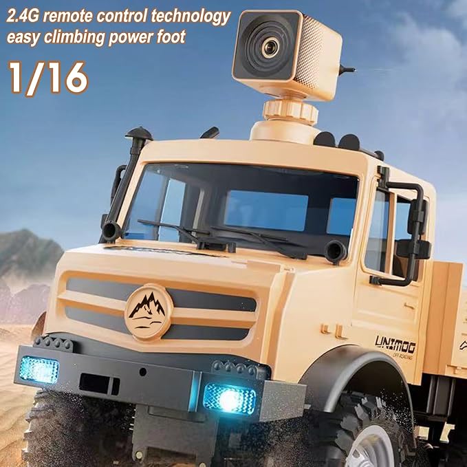 RC Military Truck 1:16 Scale Remote Control Car with Camera All Terrain RC Rock Crawler Off-Road RC Truck 2.4GHz Army Transport Vehicle with 2 Rechargeable Batteries for Adults Beige